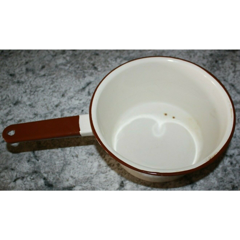 Vintage Enamelware Sauce Pan, Tan with Brown Trim & Handle 7.5 X 3.5 No Lid GUC